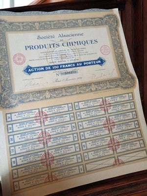 Old share certificate Société Alsacienne Produits Chimiques 1929 vintage document fina
