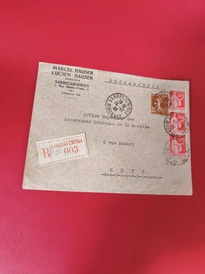 Ancienne lettre recommandée Sarreguemines Metz avec timbres oblitérés vintage