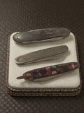 Lot 3 couteaux pliants anciens vintage années 70, aspect métal et nacré rétro