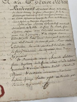 Acte notarié manuscrit 1760, mariage à Saint-Étienne, ruban rouge
