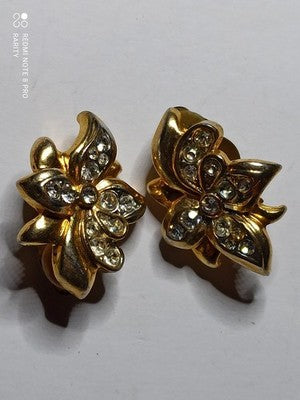 Boucles d’oreilles vintage clips fleur dorée strass, paire rétro années 80