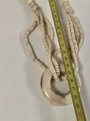 Ancien collier en os, pendentif rond, perles multiples, bijou ethnique vintage