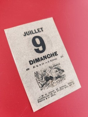 Ancien feuillet calendrier vintage 9 juillet dimanche illustration rétro déco
