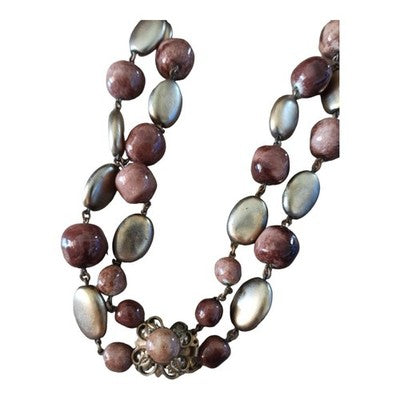 Collier vintage pierres naturelles tons mauve et gris, perles ovales et rondes