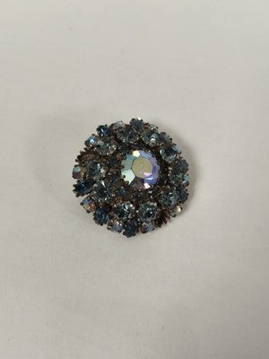 Broche vintage signée ronde strass bleus ancien bijou fantaisie rétro