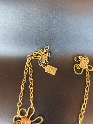 Vintage collier Danais pierres naturelles orange violet, chaîne dorée, grosse pi
