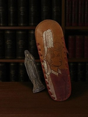 Vintage Virgin Mary figurine metal decorated leather case religious
