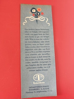 Ancien marque-page publicitaire Indanthren vintage bleu, fleurs, Allemagne