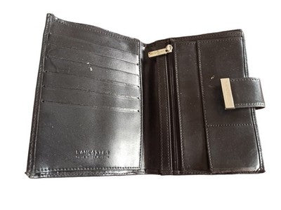 Portefeuille Lancaster femme cuir noir, porte-monnaie élégant, fermeture métal