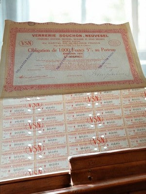 Obligation au porteur VSN 1931, Verrerie Souchon Neuvesel, document ancien
