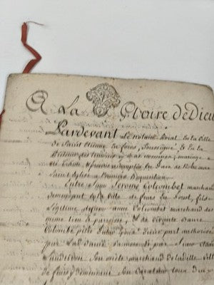Acte notarié manuscrit 1760, mariage à Saint-Étienne, ruban rouge