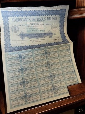 Action au porteur Fabricants de Tissus Réunis années 1920 vintage certificat pap