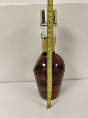 Ancienne bouteille Old Smuggler verre ambré personnage bois interne