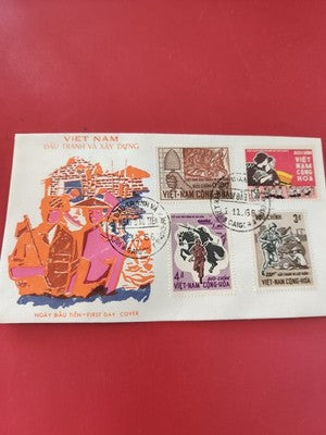 Vintage FDC Vietnam 1965 lettre premier jour, timbres illustrés soldats et ouvri