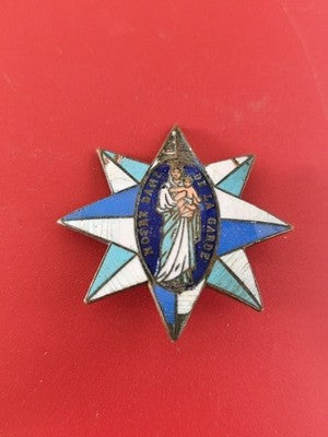 Ancienne broche vintage étoile Notre Dame de la Garde émaillée bleu blanc religi