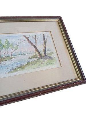 Aquarelle signée Pierre Gac paysage arbres lac reflet encadrée nature