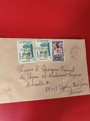 Ancienne lettre vintage avec timbres oblitérés Tunisie, philatélie collection