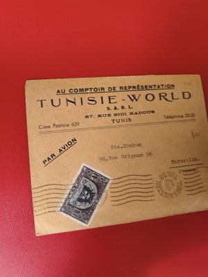 Ancienne lettre vintage Tunisie oblitérée timbre noir collection philatélie