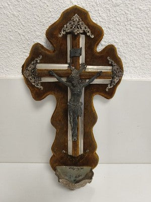 Bénitier mural croix velours Christ métal décor religieux catholique France