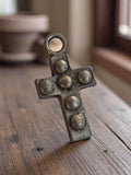 Pendentif croix vintage métal aspect patiné années 1950, bijou ancien rétro