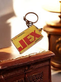 Porte-clés publicitaire vintage JEX années 70, rare, 4 vrais tampons, jaune