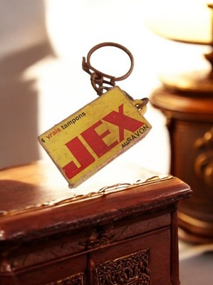 Porte-clés publicitaire vintage JEX années 70, rare, 4 vrais tampons, jaune