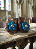 Boucles d’oreilles vintage 60s rétro, motif fleur bleue, style grec, bronze
