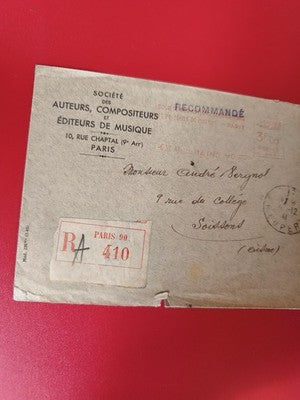 Ancienne lettre recommandée 1941 Société Auteurs Paris timbres oblitérés philaté