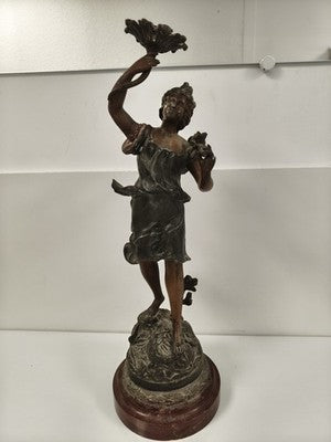 Statue Floraison Ch. Ruchot régule patiné socle bois Art Nouveau ancienne