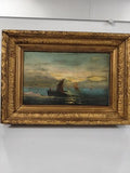 Ancien tableau marine huile sur toile 1889, cadre doré sculpté signé