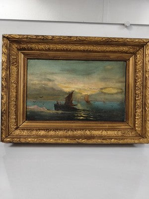 Ancien tableau marine huile sur toile 1889, cadre doré sculpté signé