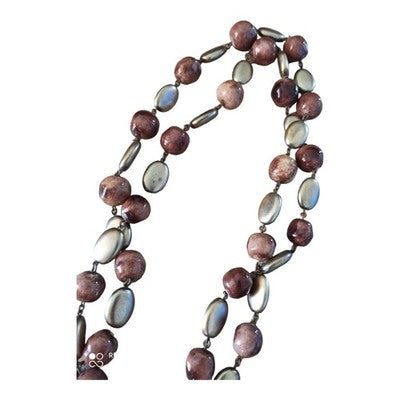 Collier vintage pierres naturelles tons mauve et gris, perles ovales et rondes