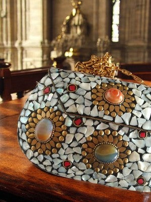 Sac à main vintage mosaïque nacre pierres semi-précieuses chaîne dorée