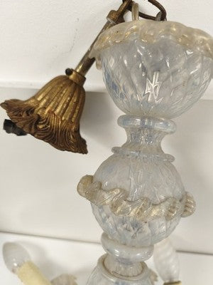 Lustre ancien Murano opaline transparent, 6 bras torsadés, à restaurer vintage