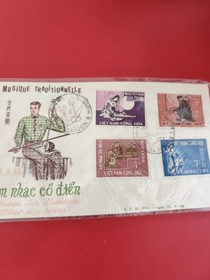 FDC ancien Vietnam musique traditionnelle 1966, 4 timbres illustrés, cachet Saig