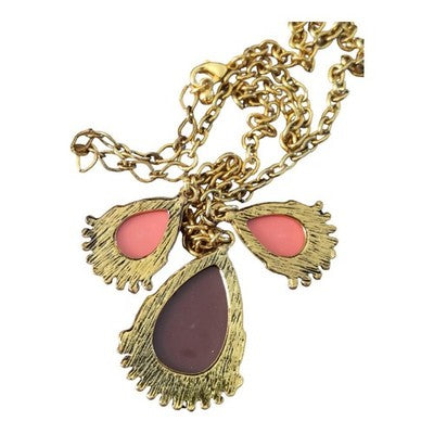 Collier vintage rétro années 80, pendentifs goutte rose et prune, chaîne dorée
