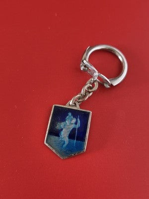 Ancien porte-clés publicitaire vintage, médaillon bleu, motif religieux rétro