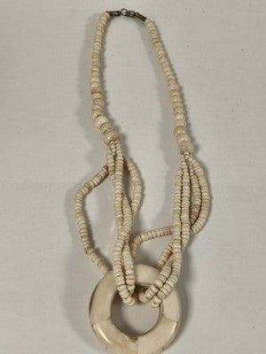 Ancien collier en os, pendentif rond, perles multiples, bijou ethnique vintage