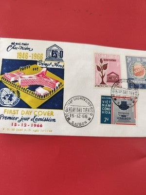 Vintage FDC Vietnam 1966 UNESCO premier jour, timbres commémoratifs anciens