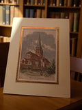 Gravure ancienne Église Saint-Menoux, art vintage, encadrement doré rétro