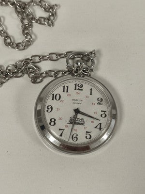 Montre à gousset Marlux antichoc avec chaîne, cadran blanc chiffres noirs