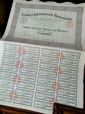 Former Union Générale Foncière 1926 share, decorative vintage bearer certificate