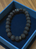 Bracelet vintage pierres de lave noires, bijou ancien rétro, perles homme femme