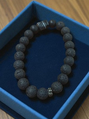 Bracelet vintage pierres de lave noires, bijou ancien rétro, perles homme femme
