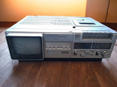 Téléviseur radio cassette vintage Pathé Marconi argenté années 80 rétro portable