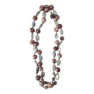 Collier vintage pierres naturelles tons mauve et gris, perles ovales et rondes
