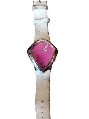 Montre Guess vintage quartz cadran rose édition limitée, bracelet cuir blanc