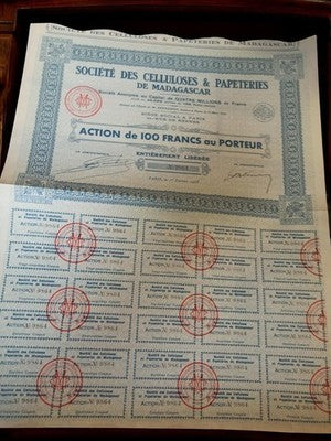 Action au porteur 100 francs Société Celluloses Madagascar 1933 ancien document