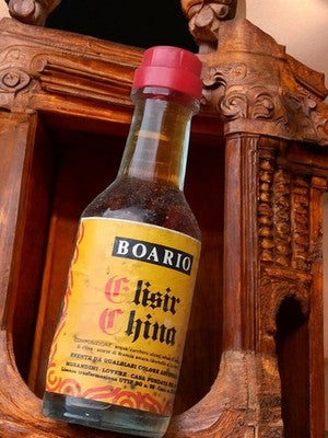 Mini bouteille ancienne Boario Élixir China rétro déco vintage jaune