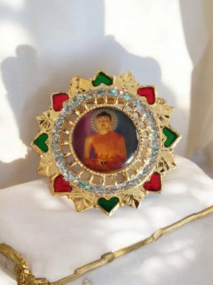 Broche strass dorée divinité Inde, cœur émaillé rouge vert, bijou fantaisie